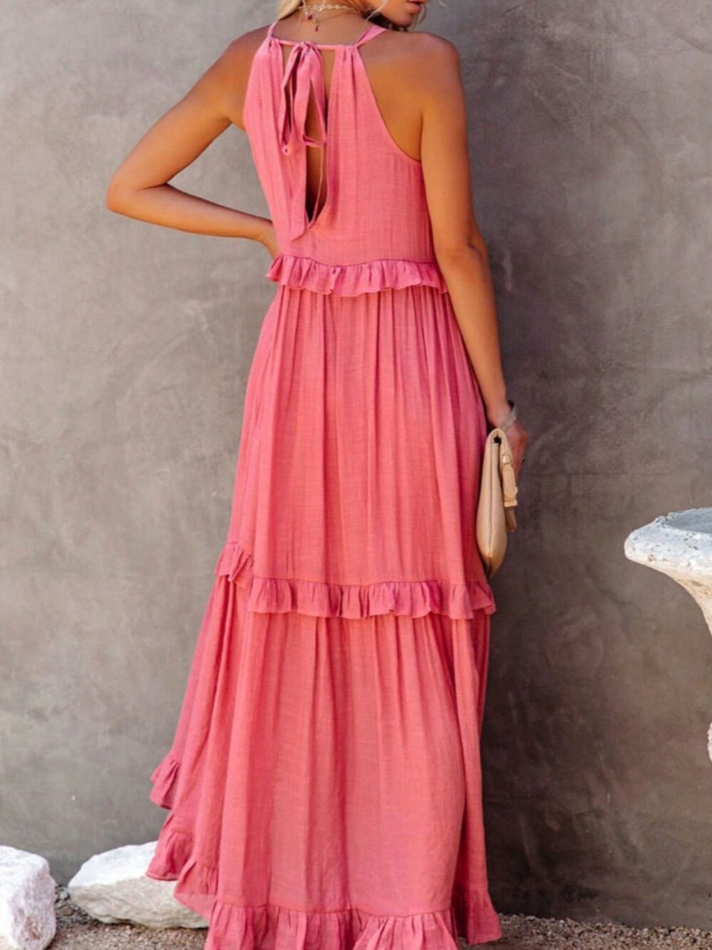 Watermelon Pink Elegant Women's Long Beach Dress - Picture 2 of 3